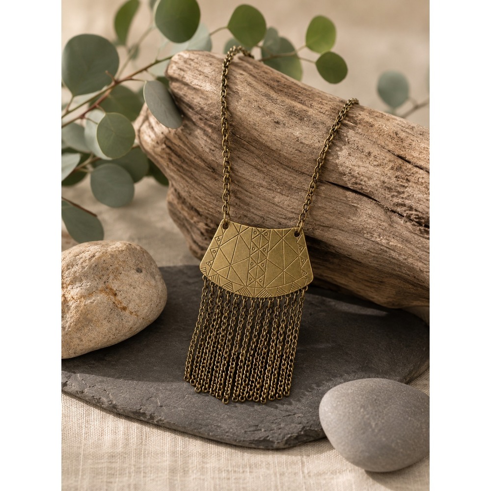 Boho Fringe Pendant Necklace Geometric Etched Antique Brass Tone Statement Jewl